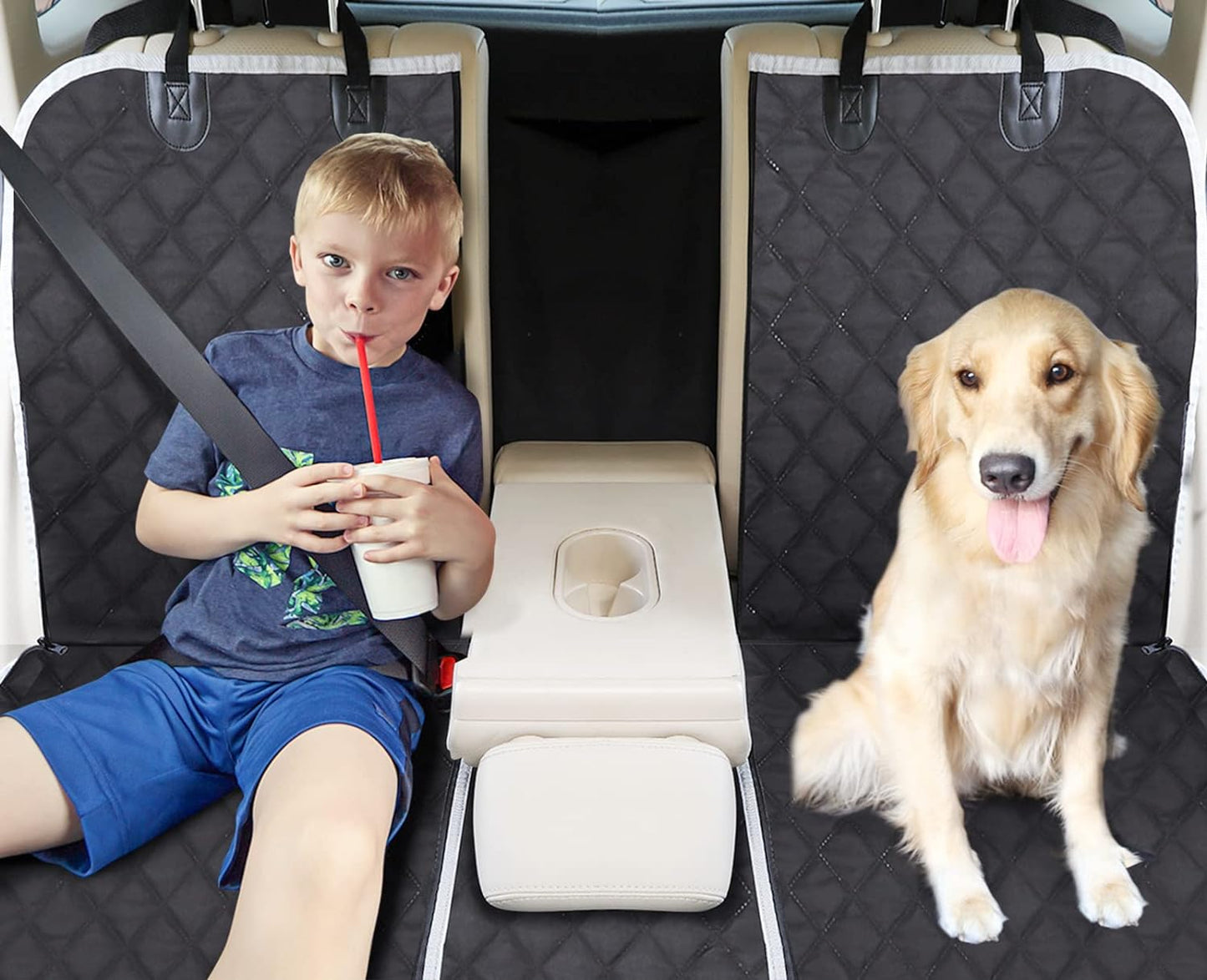Premium Waterproof Dog Car Seat Cover for Back Seat - Non-Slip Hammock Style with Perspective Mesh and Storage Bags for SUVs and Trucks