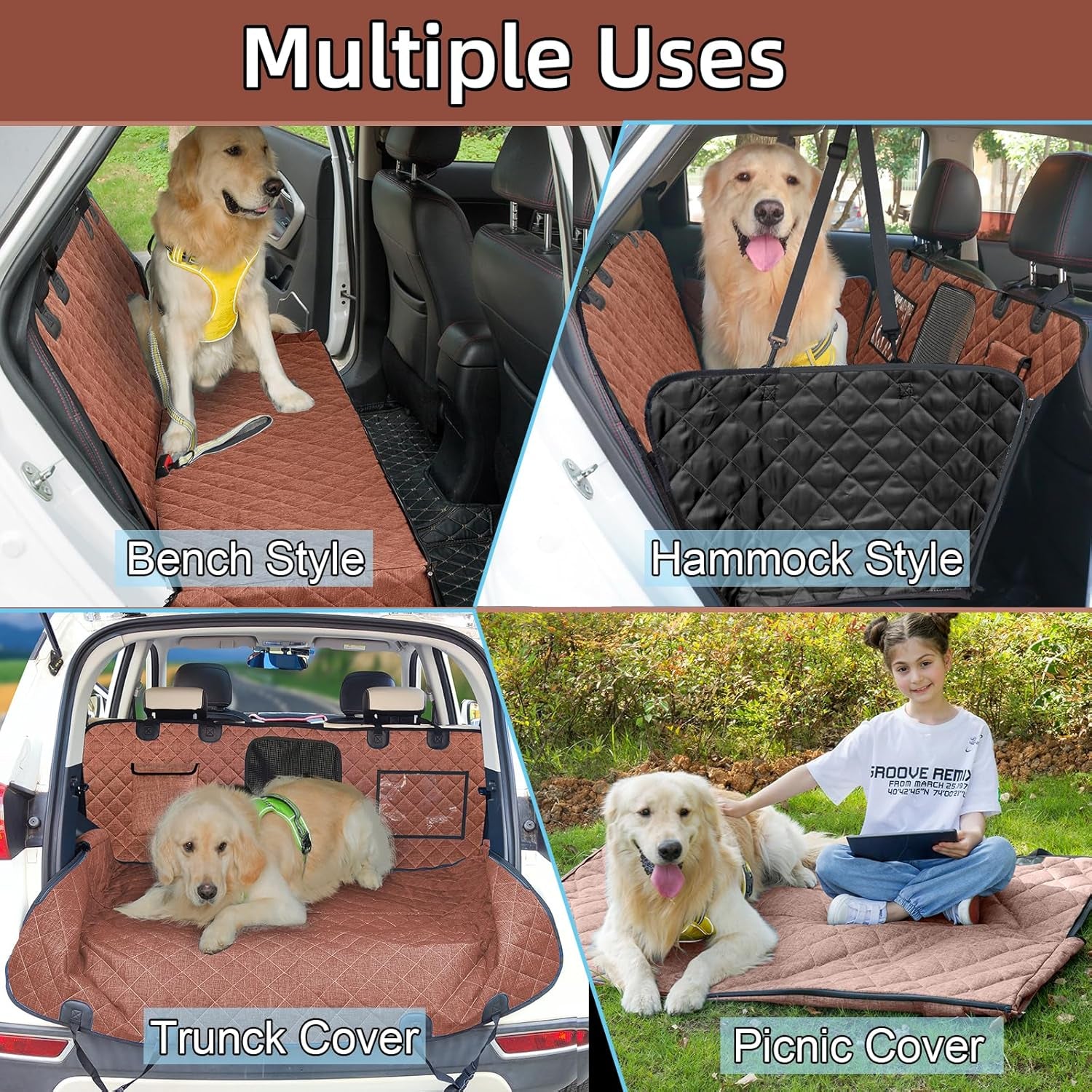 Car Dog Hammock - Waterproof Seat Cover with Mesh Window and Big Pocket for Back Seat - Nonslip Rubber Back, Washable Luxury Material for Car/Suv