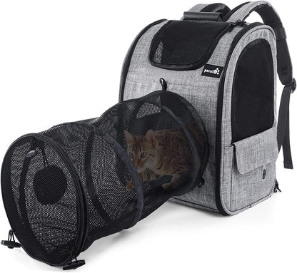 Expandable Pet Carrier Backpack with Tunnel, Breathable Mesh Design for Cats and Small Dogs, Ideal for Hiking, Travel, and Outdoor Activities, Supports Pets up to 18 lbs