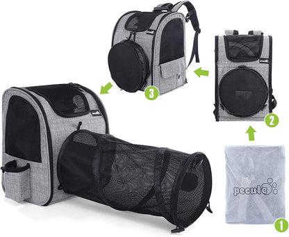 Expandable Pet Carrier Backpack with Tunnel, Breathable Mesh Design for Cats and Small Dogs, Ideal for Hiking, Travel, and Outdoor Activities, Supports Pets up to 18 lbs