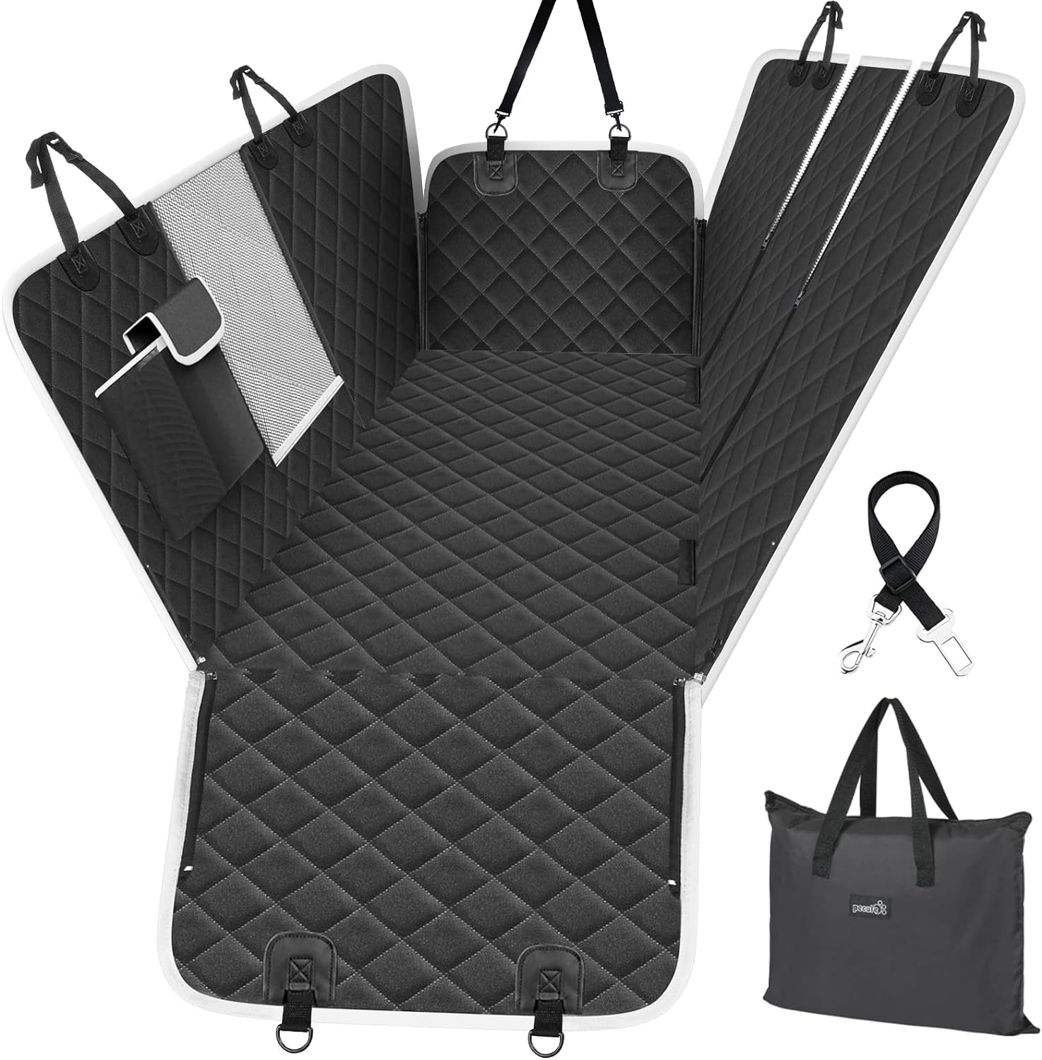 Premium Waterproof Dog Car Seat Cover for Back Seat - Non-Slip Hammock Style with Perspective Mesh and Storage Bags for SUVs and Trucks