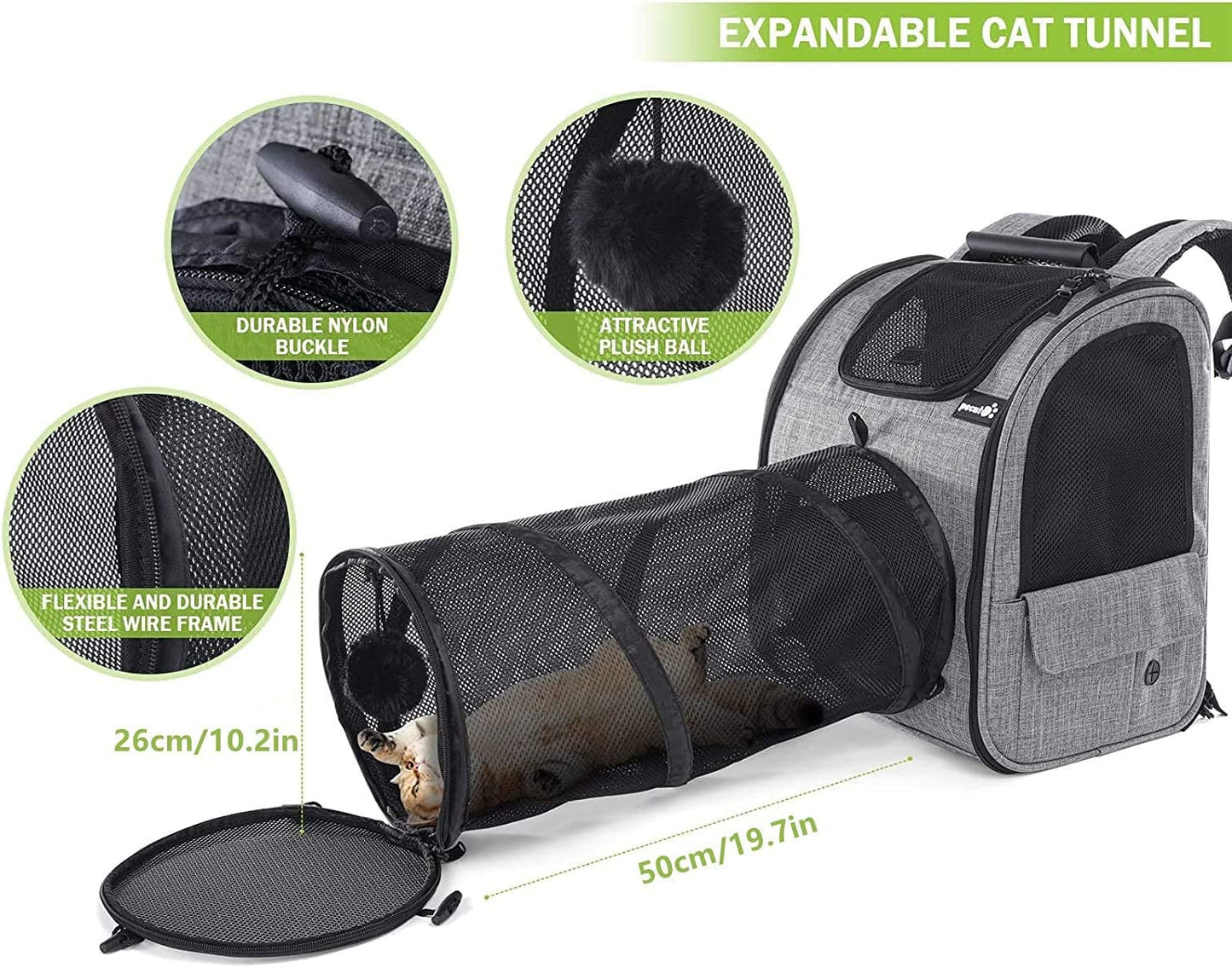 Expandable Pet Carrier Backpack with Tunnel, Breathable Mesh Design for Cats and Small Dogs, Ideal for Hiking, Travel, and Outdoor Activities, Supports Pets up to 18 lbs