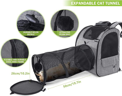 Expandable Pet Carrier Backpack with Tunnel, Breathable Mesh Design for Cats and Small Dogs, Ideal for Hiking, Travel, and Outdoor Activities, Supports Pets up to 18 lbs