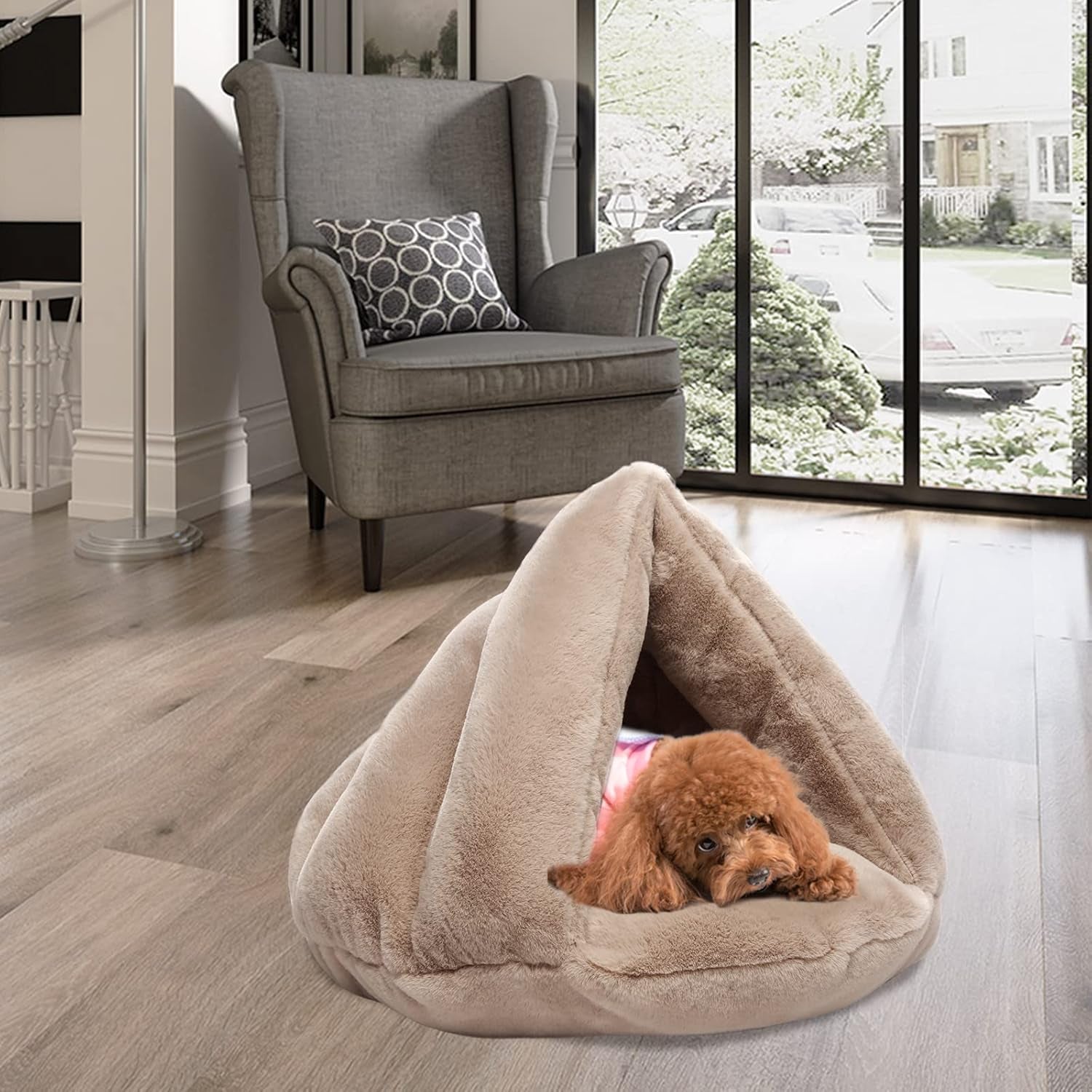 Soft Warm Cat Bed for Winter Cat Tent Self-Warming Sleeping Bed for Cats Fleece Pet Cave Bed for Winter Pets Puppy Indoor Pet Triangle Nest (Camel)