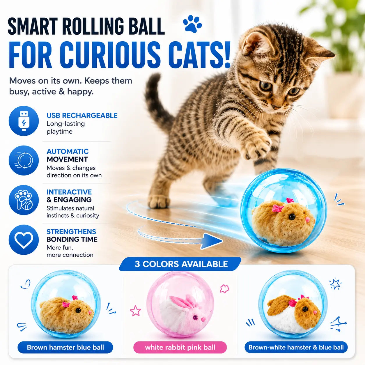 Smart Cat Toy - USB Rechargeable Auto-Rolling Ball for Interactive Play with Indoor Cats